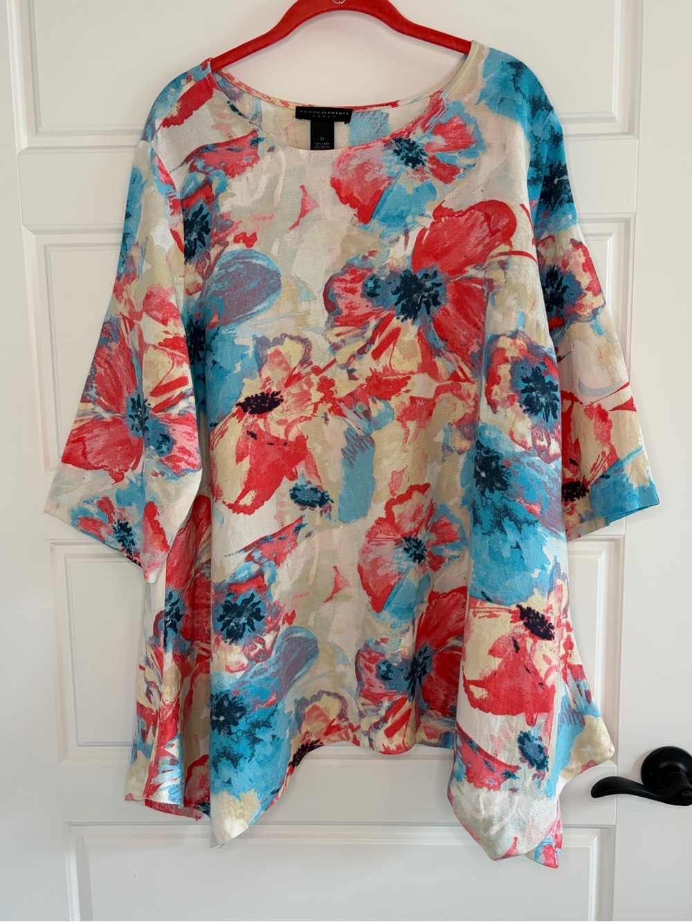 Grace Elements Linen Blend Floral Artsy Shark Bite Hem Tunic Top Size 1X Boho